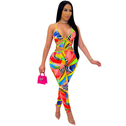 Fashion Sexy Nightclub Print Cross-Tie Jumpsuit
