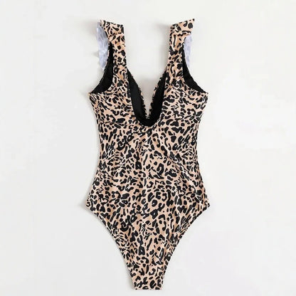 European And American-style Leopard-print Modest Full-Coverage Slimming Womens Ruffled Beach Spa Swimsuit