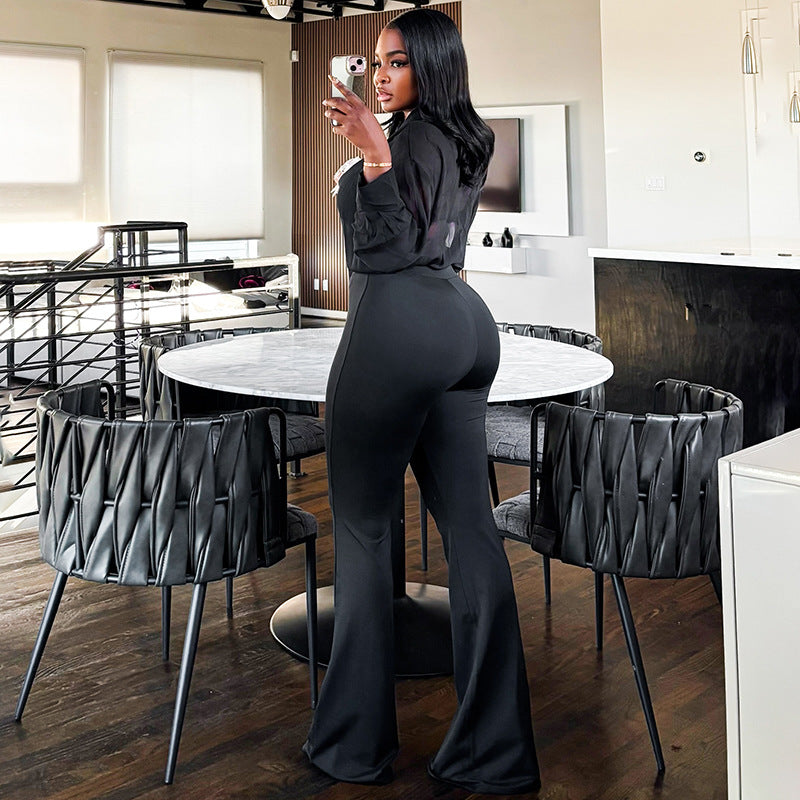 Mesh Ribbon Top With Long Sleeves And Flared Pants A Sassy Two-piece Set