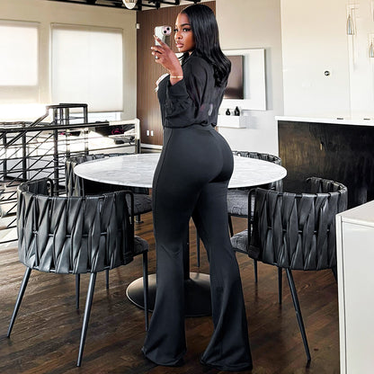 Mesh Ribbon Top With Long Sleeves And Flared Pants A Sassy Two-piece Set