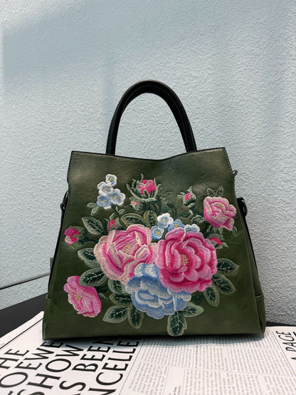 Tote Bag With Embroidered Peony Flowers Ethnic-style Textured Design