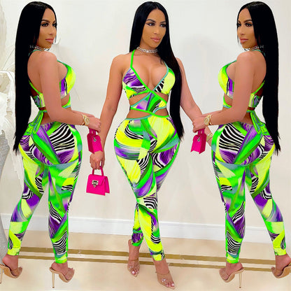 Fashion Sexy Nightclub Print Cross-Tie Jumpsuit