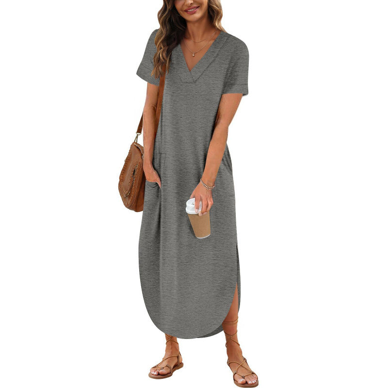 Loose  Casual Short-Sleeve V-Neck Split Dress For Women