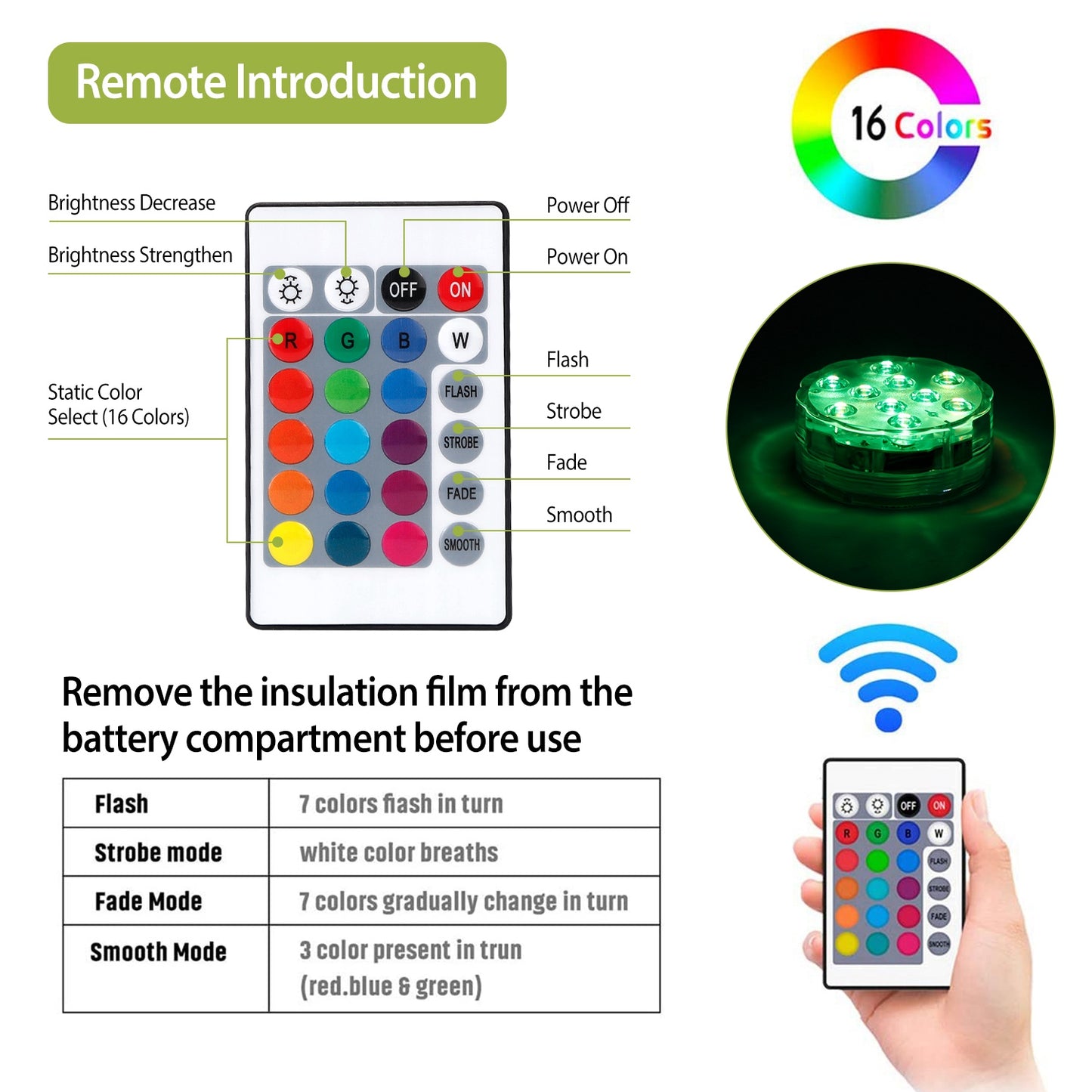 4Pcs RGB Swimming Pool Lights With Remote Control  IP68 Waterproof Battery Operated Submersible 16 Modes For Pond Bathtub Hot Tub Party