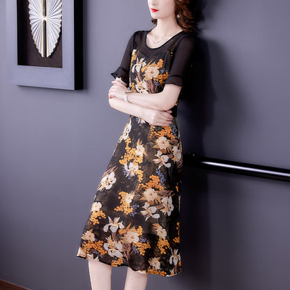 Printed Dress Women's Summer New Korean Round Neck Stitching Floral Waist Slim Over Knee Mid Length Fashion