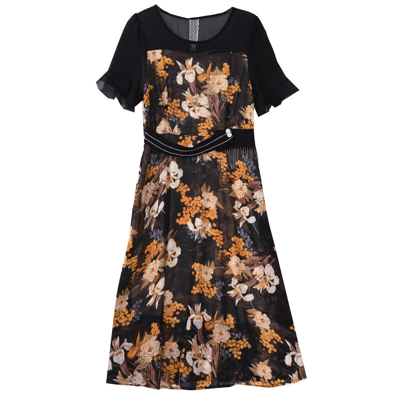 Printed Dress Women's Summer New Korean Round Neck Stitching Floral Waist Slim Over Knee Mid Length Fashion
