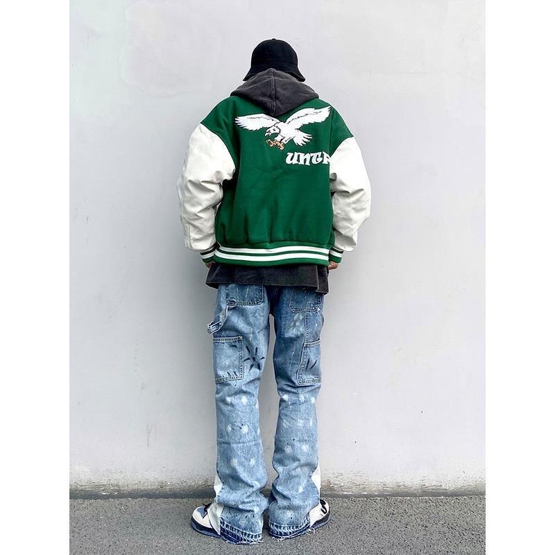 American Retro Contrast Color Baseball Uniform PU Leather Sleeve Jacket
