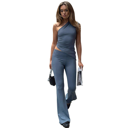 Asymmetrical Fitted Top With A Slanted Single-shoulder Design Paired With Flared Hip-hugging Pants