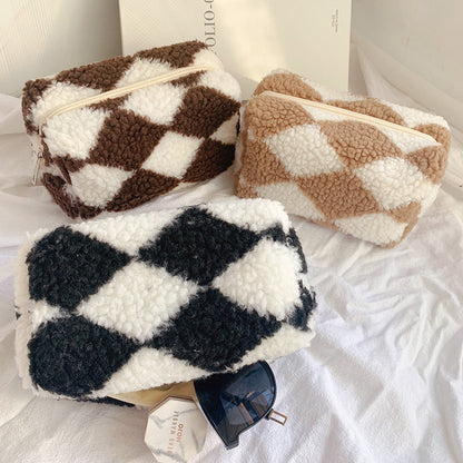 Niche Design Plaid Plush Pencil Case Large-Capacity Storage Bag