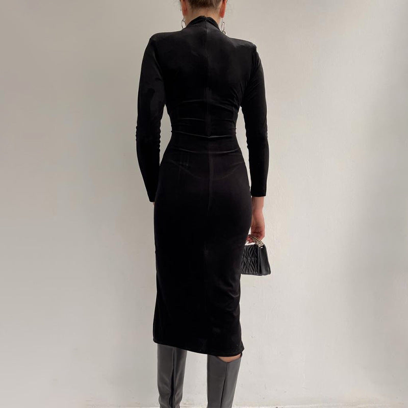 Solid Color Stand Collar Stitching Velvet Split Dress
