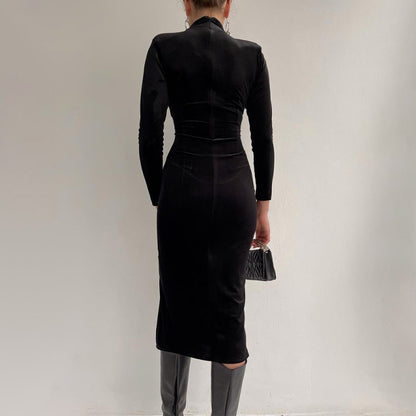 Solid Color Stand Collar Stitching Velvet Split Dress