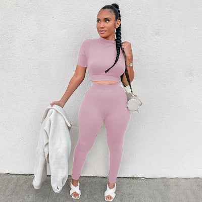 Fashion Casual Short Sleeve Midriff-baring Top Sports Suit