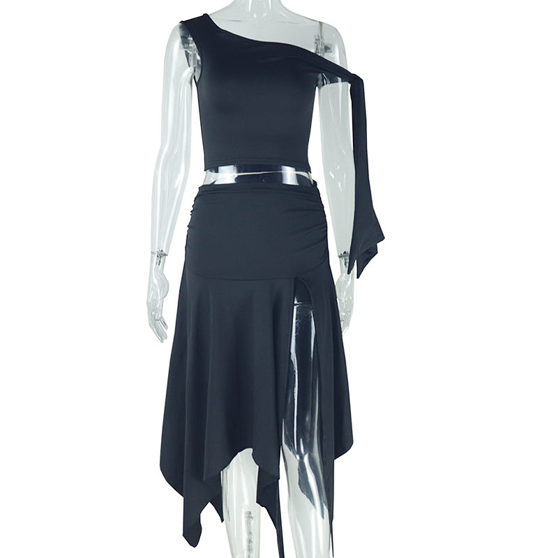 Womens Dress Set Sleeveless One-Shoulder Top With Flutter Sleeves And A Slit Skirt