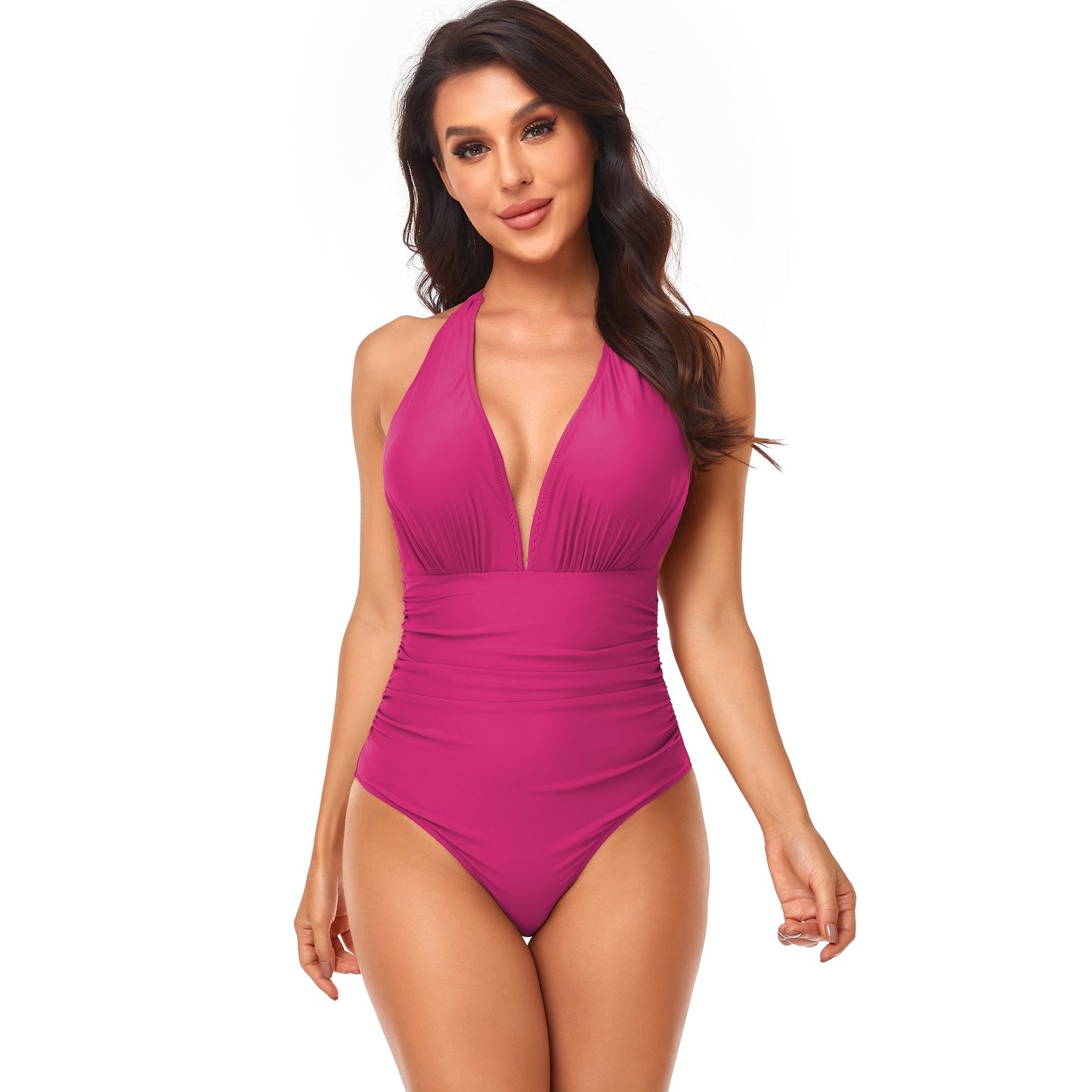 Women's Fashion Pump Pleated Neck Solid Color One-piece Swimsuit