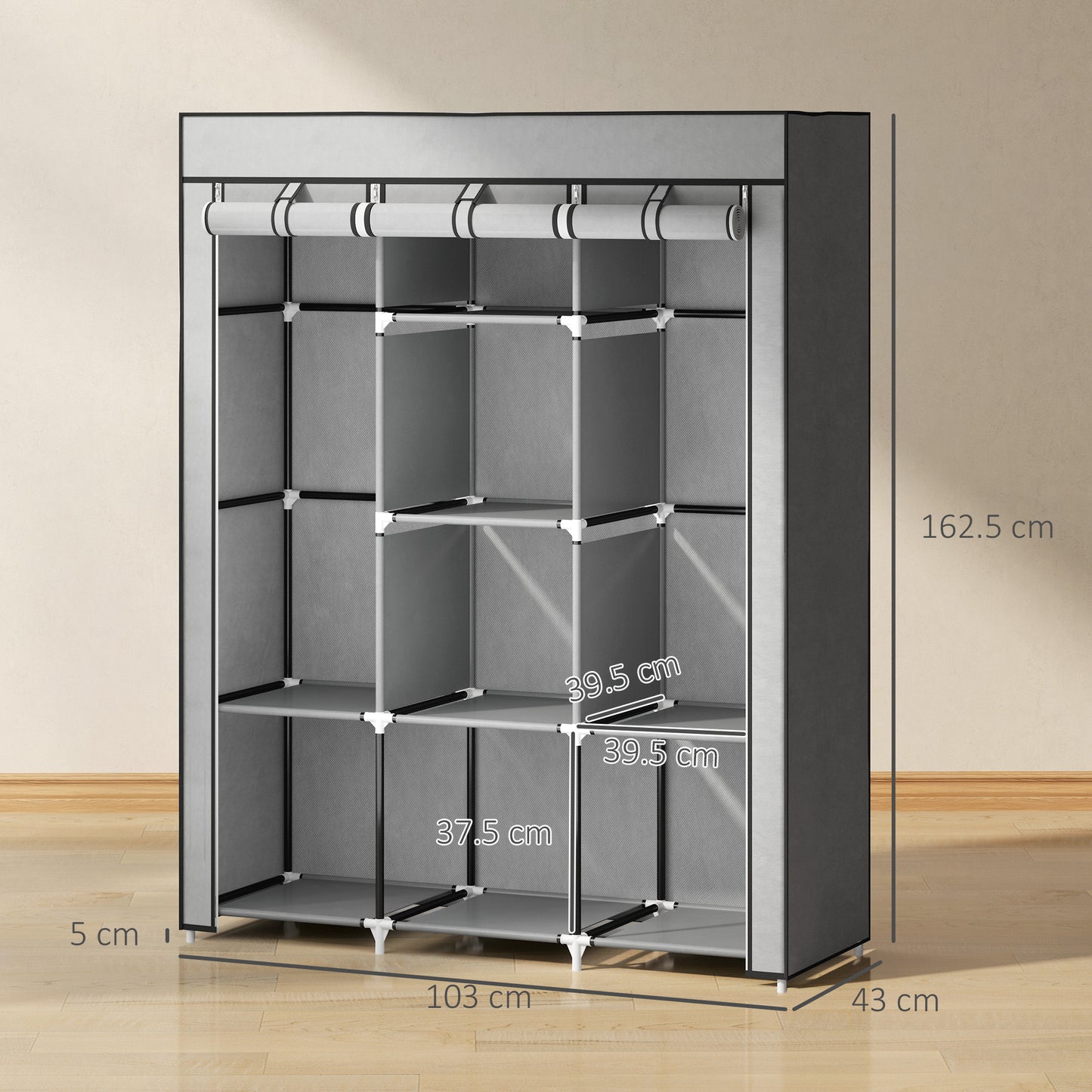 Fabric Wardrobe, With Rails And Shelves - Light Grey