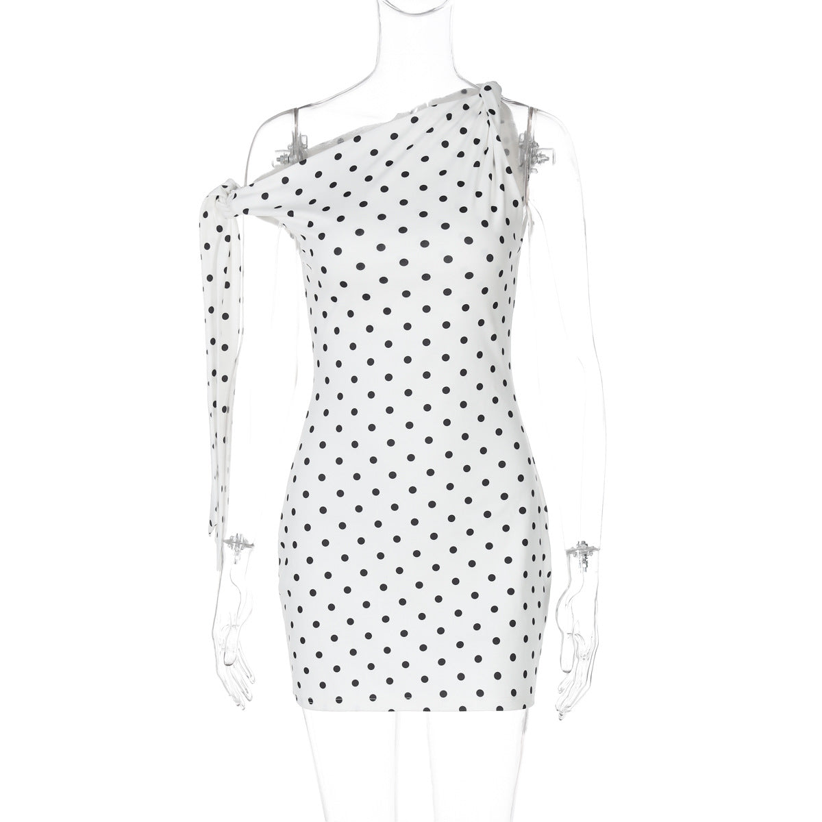 Fashion Sexy Polka Dot Print Oblique Shoulder Lace Up Slim Fit Hip Bag Dress