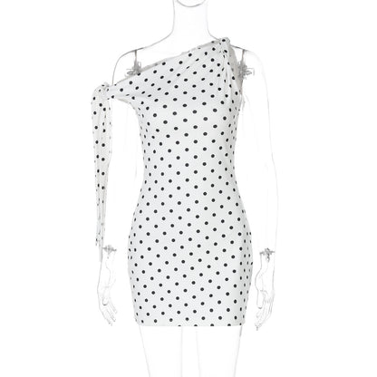 Fashion Sexy Polka Dot Print Oblique Shoulder Lace Up Slim Fit Hip Bag Dress