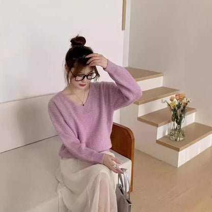 Womens Solid Color Long-Sleeve V-Neck Sweater