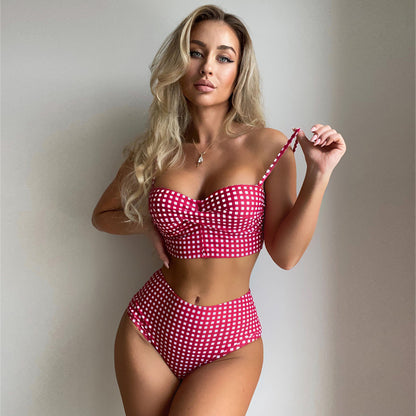 Bikini Swimsuit Female Sexy Plaid Split High Waist
