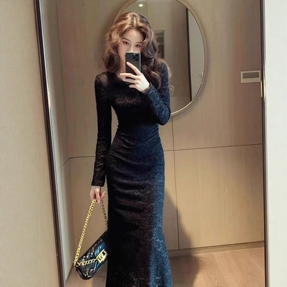 Elegant Black Lace Dress For Women AutumnWinter