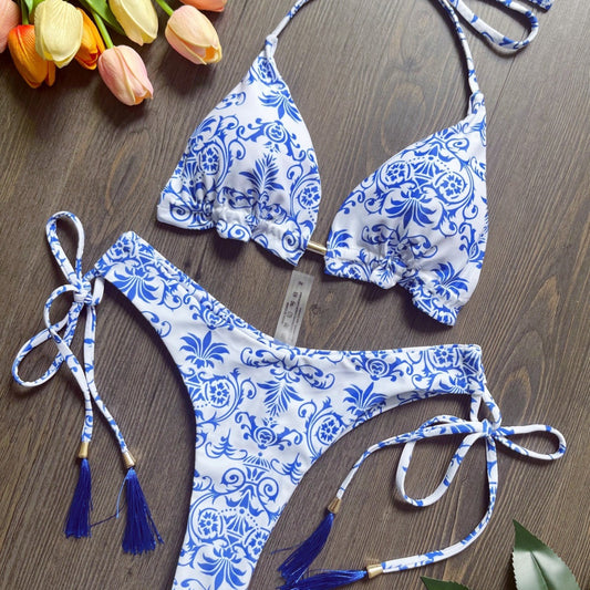 Women's Swimsuit New Blue And White Porcelain Printed Bikini
