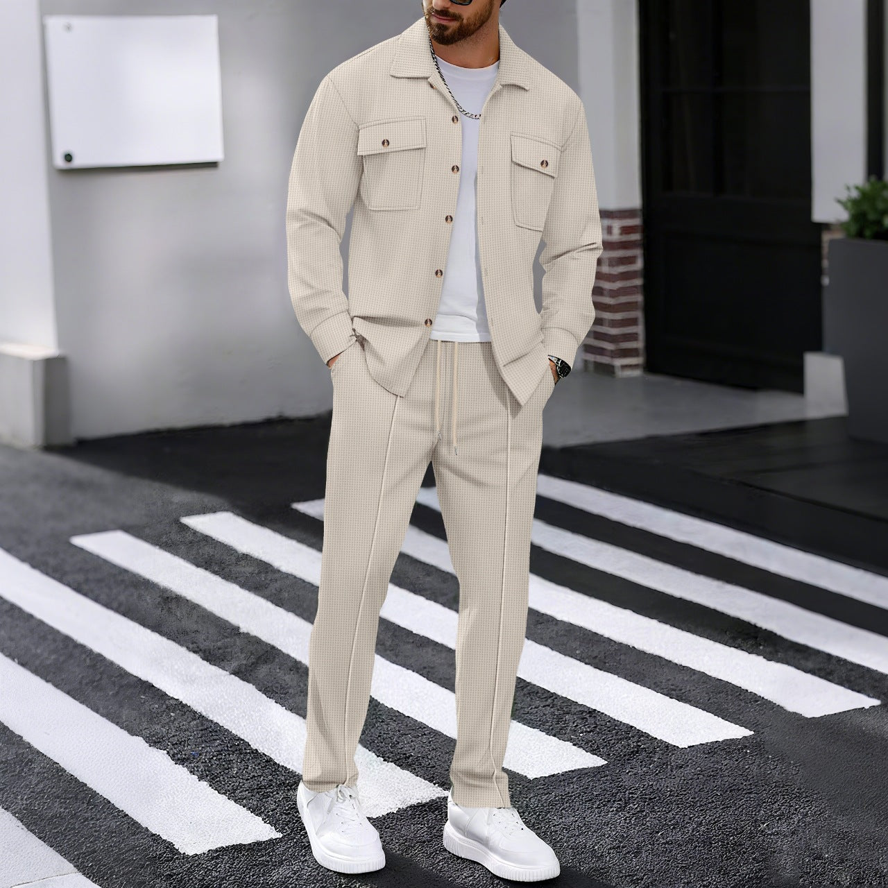 Waffle Long-sleeved Trousers Casual Men's Suit
