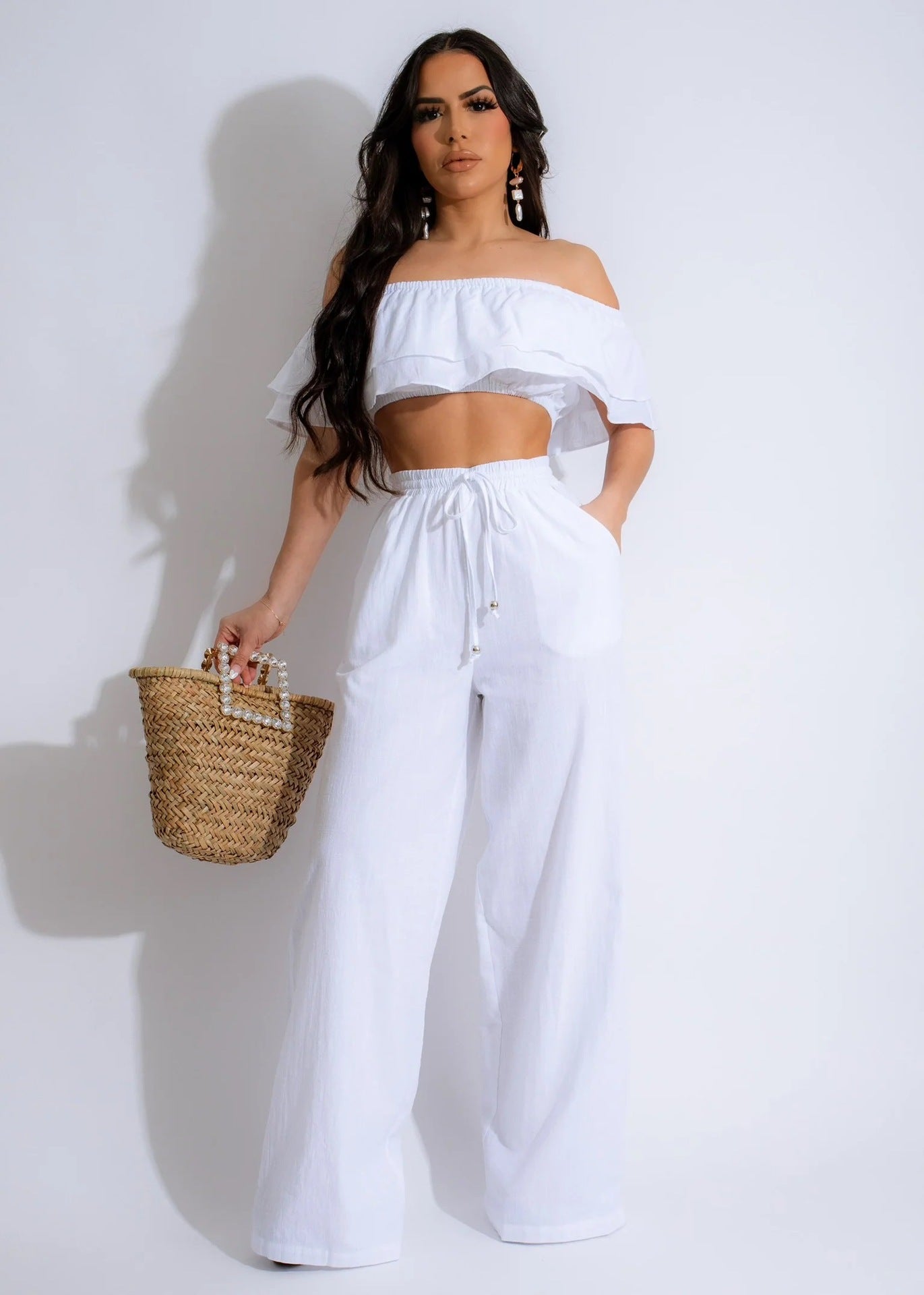 Off-shoulder Ruffled Short Top And Wide-leg Long Pants Set