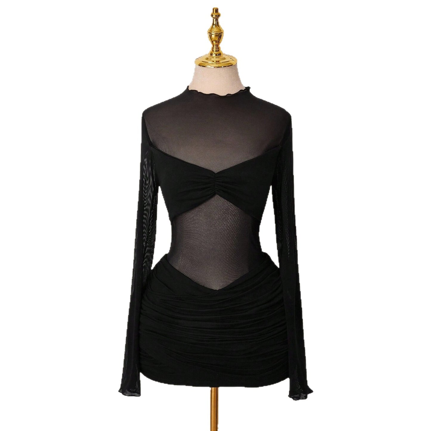Solid-color Slim-fit Sexy Mesh Sheer Round-neck Sheath Dress For Women