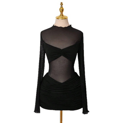 Solid-color Slim-fit Sexy Mesh Sheer Round-neck Sheath Dress For Women