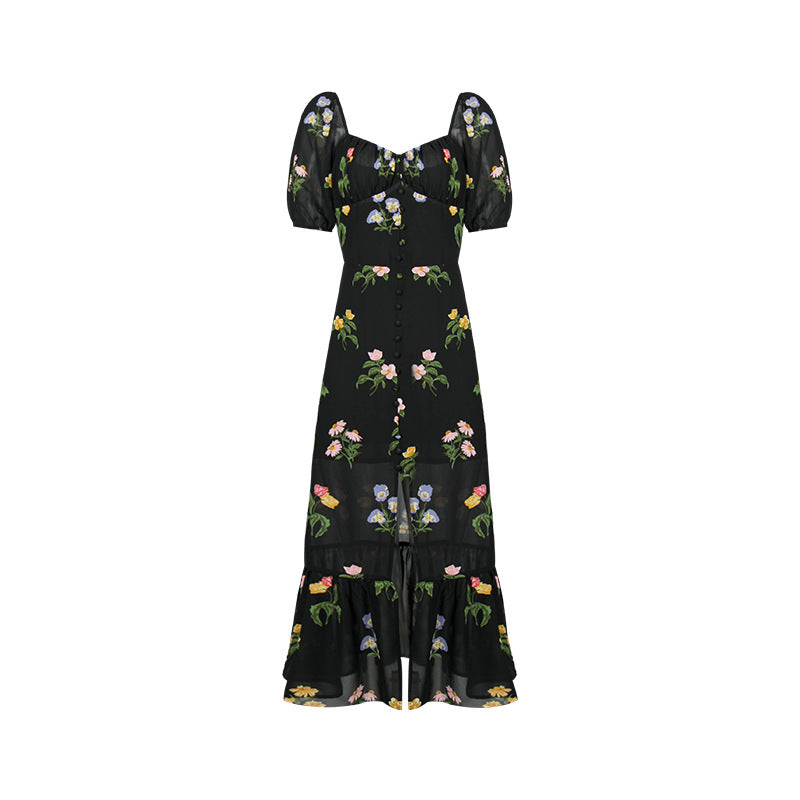 Women's Fashionable French High Waist Slim Floral Dress