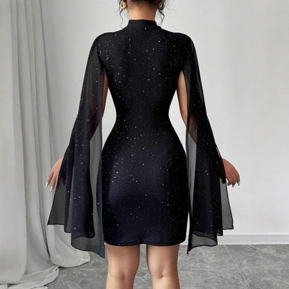 Women's Sexy Elegant Evening Party Dresses Round Neck Pit Stripe Pearl Chiffon Cape Sleeve Wrapped Hip Dress