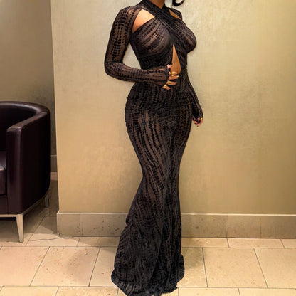 Solid-color Slim-fit Crossover-neck Sexy Evening Gown Maxi Dress