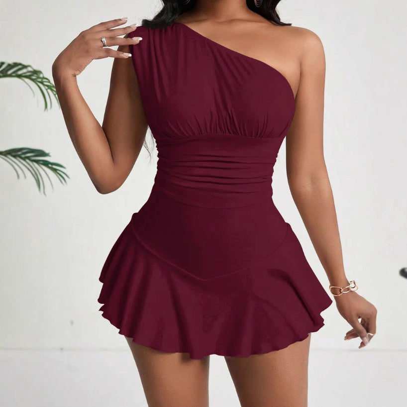 Sexy Off-shoulder Backless Versatile Ruffled Short Skirt