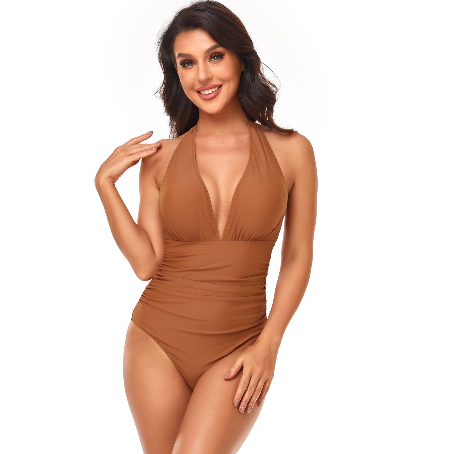 Women's Fashion Pump Pleated Neck Solid Color One-piece Swimsuit