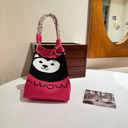 Womens Red Knitted Tote Bag With Magnetic Closure And Large Capacity