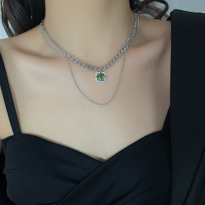 Green Square Diamond Pendant Necklace For Women