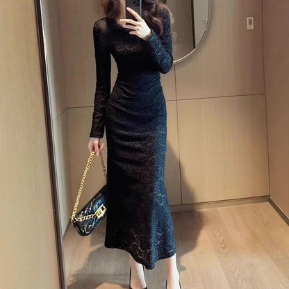Elegant Black Lace Dress For Women AutumnWinter