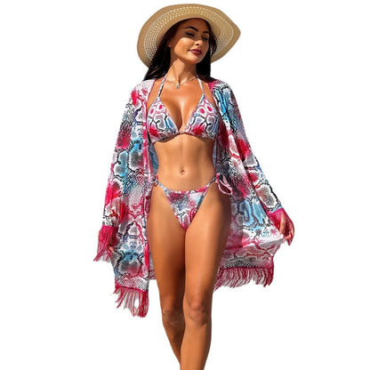 Printed Tassel Three-Piece Bikini Swimsuit For Women