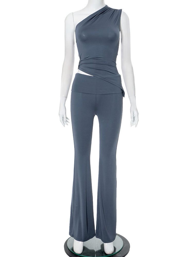 Asymmetrical Fitted Top With A Slanted Single-shoulder Design Paired With Flared Hip-hugging Pants
