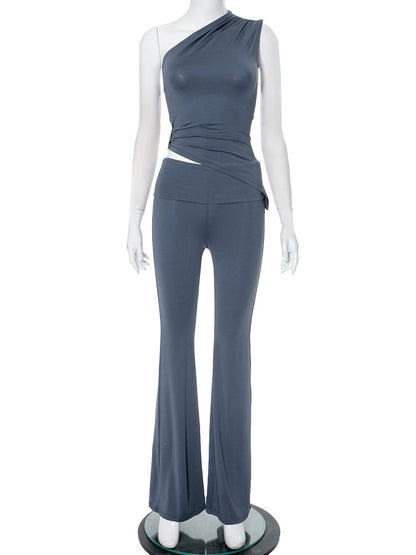 Asymmetrical Fitted Top With A Slanted Single-shoulder Design Paired With Flared Hip-hugging Pants