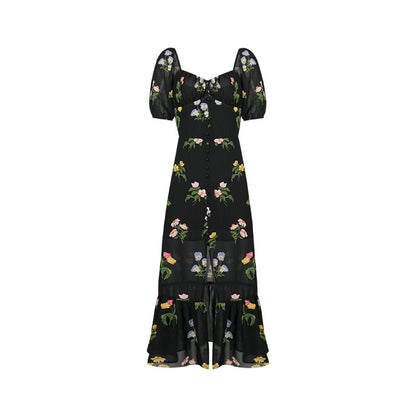 Women's Fashionable French High Waist Slim Floral Dress