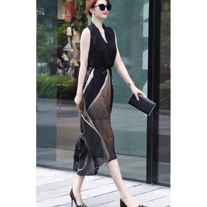 Ladies Two-piece Set Dress Simple Sleeveless Collar Casual