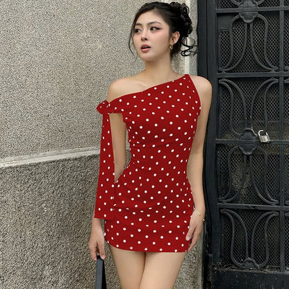 Fashion Sexy Polka Dot Print Oblique Shoulder Lace Up Slim Fit Hip Bag Dress