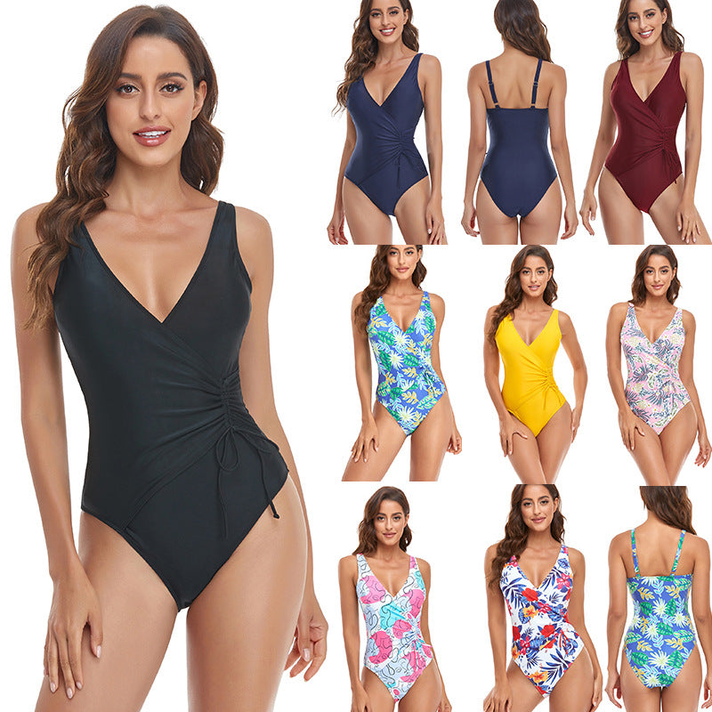 Solid Color Adjustable Shoulder Strap Multicolor Printed Swimsuit