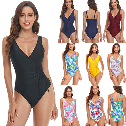 Solid Color Adjustable Shoulder Strap Multicolor Printed Swimsuit