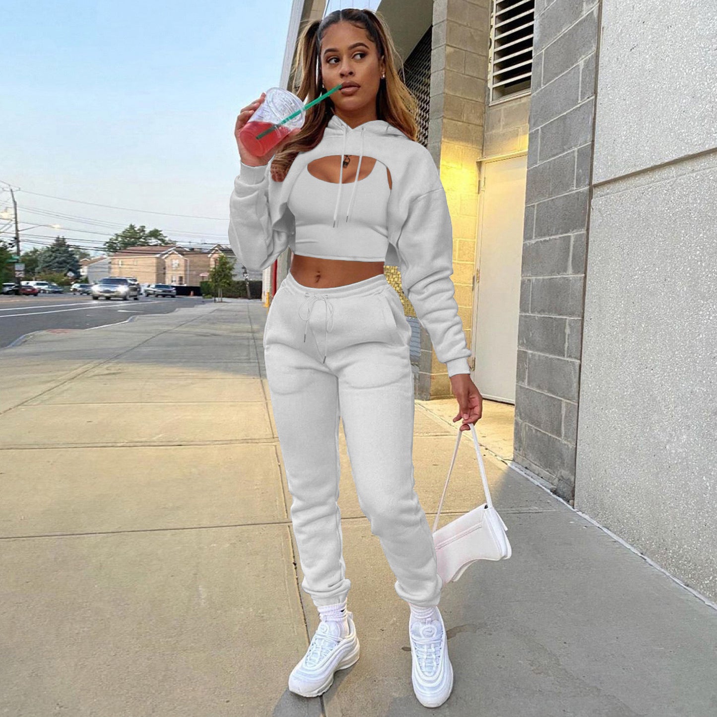 Three-piece Solid Color Hooded Sweatshirt Long-sleeved Drawstring Trousers Vest