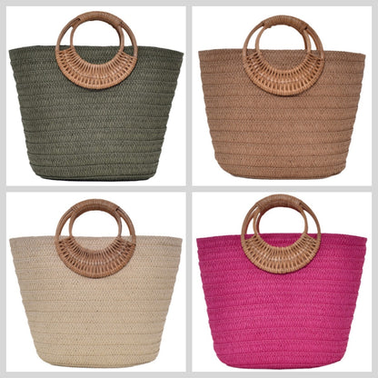 Simple Straw Weave Womens Large-Capacity Round-Handle Tote Bag