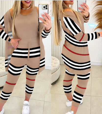 Women's Casual Printing Suit Fashion Stripes Three-piece Suit