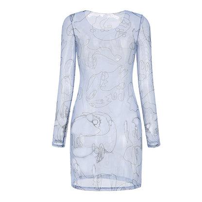 Women's Round Neck Long Sleeve Art Graffiti Slim Dress