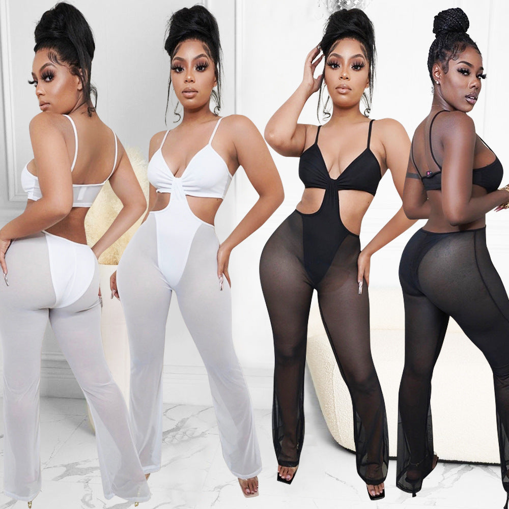 Sexy Mesh See-Through Suspenders Flared Pants